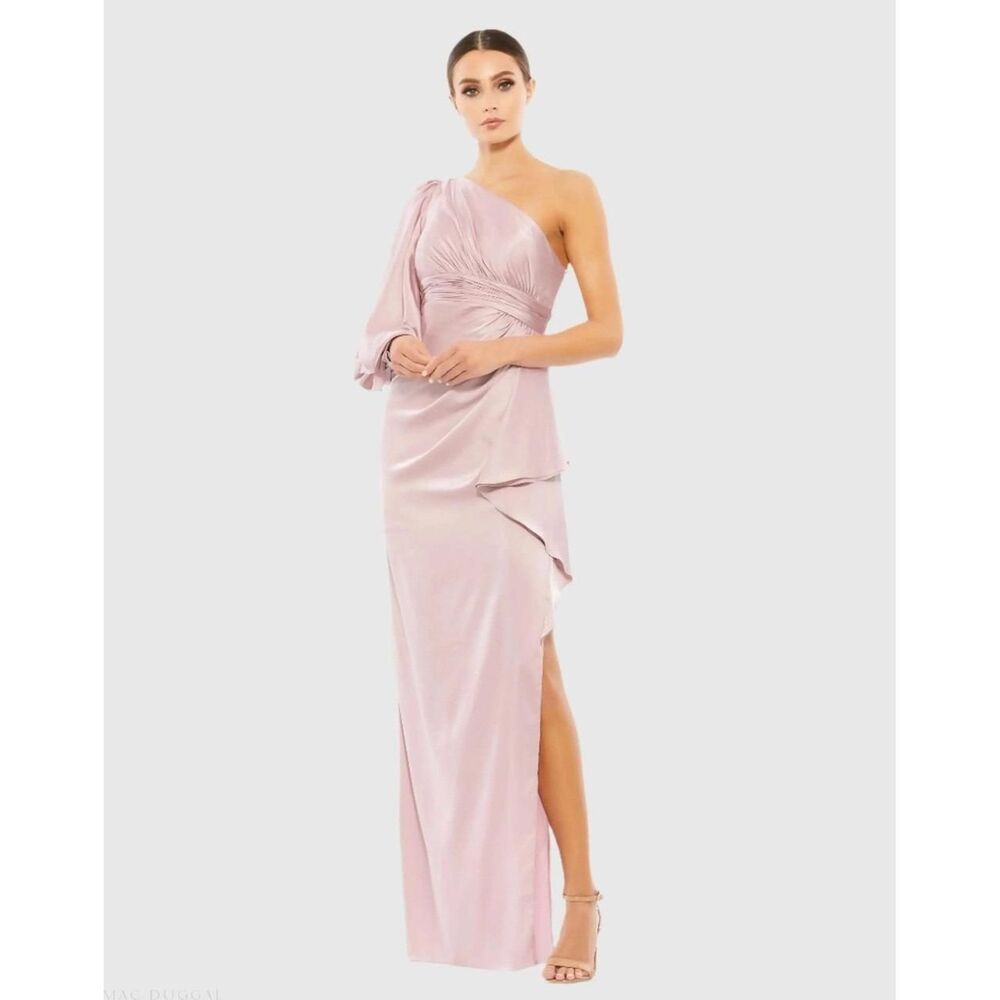 New IEENA for Mac Duggal One Shoulder Satin Gown Mauve Pink Bishop Sleeve Maxi 6
